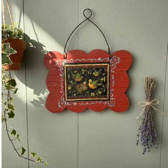 Other - Vintage Folk Art Metal Wall Hanging Birds Nest Scalloped Red Plaque Cottagecore